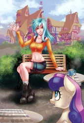 Size: 683x1000 | Tagged: safe, artist:limreiart, derpibooru import, bon bon, lyra heartstrings, sweetie drops, earth pony, human, pony, fanfic, fanfic:anthropology, belly button, bench, fanfic art, female, food, grin, hooves, humanized, mare, meme, midriff, open mouth, ponyville, sitting, sitting lyra, smiling, tea, waving