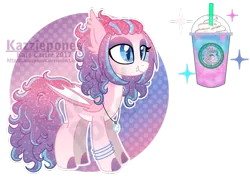 Size: 1024x735 | Tagged: safe, artist:kazziepones, derpibooru import, oc, oc:unicorn frappe, unofficial characters only, bat pony, pony, bat pony oc, female, mare, reference sheet, simple background, smiling, solo, sparkles, starbucks, transparent background, unicorn frappuccino, watermark