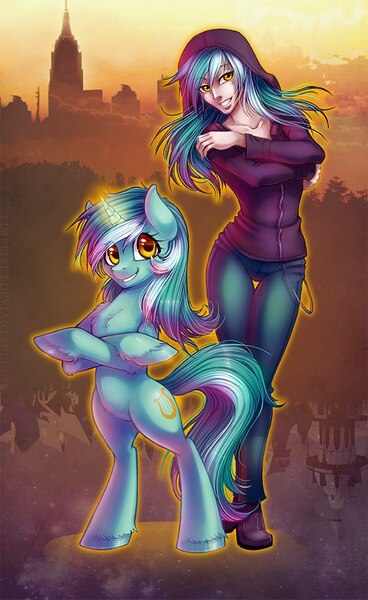 Size: 614x1000 | Tagged: safe, artist:limreiart, derpibooru import, lyra heartstrings, human, pony, unicorn, fanfic, fanfic:anthropology, bipedal, chest fluff, clothes, cutie mark, fanfic art, fanfic cover, female, grin, hoodie, hooves, horn, human ponidox, humanized, magic, mare, self ponidox, smiling, unshorn fetlocks