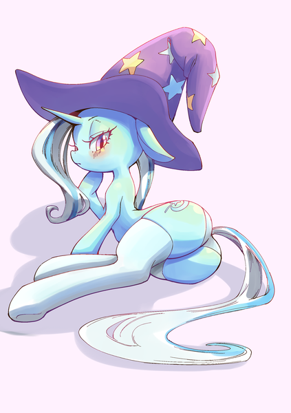 Size: 2039x2894 | Tagged: suggestive, artist:unousaya, derpibooru import, trixie, pony, unicorn, blushing, clothes, female, floppy ears, mare, panties, plot, side, socks, solo, solo female, the great and powerful ass, underwear