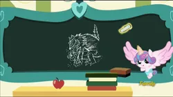 Size: 1280x720 | Tagged: suggestive, derpibooru import, edit, edited screencap, screencap, princess flurry heart, pony, a flurry of emotions, chalkboard, clarissa, deep fried, discovery family logo, flurry art, flurry heart's chalkboard, implied rape, meme, solo, we are going to hell