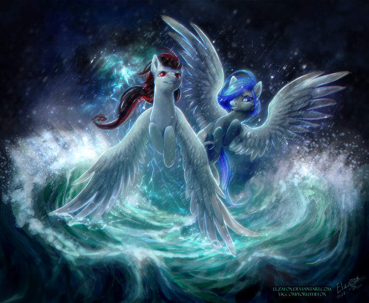 Size: 2551x2092 | Tagged: safe, artist:elzafox, derpibooru import, oc, oc:loki smile, oc:melody smile, unofficial characters only, pegasus, pony, flying, lightning, ocean, rain, storm, water, wave, wet