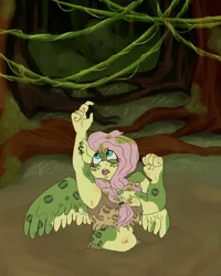 Size: 800x1000 | Tagged: alternate timeline, anthro, armpits, artist:cottoncloudy, belly button, big breasts, breasts, busty fluttershy, chrysalis resistance timeline, chubby, derpibooru import, female, fluttershy, jungle, mud, pegasus, peril, piercing, plump, quicksand, solo, suggestive, tribal, tribalshy, wings
