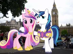 Size: 1079x805 | Tagged: safe, artist:jawsandgumballfan24, derpibooru import, princess cadance, shining armor, pony, big ben, elizabeth tower, giant pony, irl, london, macro, photo, ponies in real life, westminster