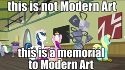 Size: 1920x1080 | Tagged: safe, derpibooru import, edit, edited screencap, screencap, princess cadance, royal riff, sassaflash, shining armor, pony, a flurry of emotions, art exhibition, image macro, meme, modern art, sculpture, shield, the world's end, traditional art