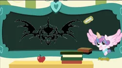 Size: 800x448 | Tagged: safe, derpibooru import, edit, edited screencap, screencap, princess flurry heart, pony, a flurry of emotions, chalkboard, dethklok, discovery family logo, flurry art, flurry heart's chalkboard, metalocalypse, solo