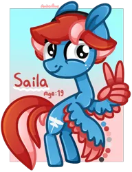 Size: 500x650 | Tagged: safe, artist:amberpone, derpibooru import, oc, unofficial characters only, fish, pegasus, pony, big ears, blue, cutie mark, eyebrows, female, freckles, gray eyes, hat, lesbian, mane, mare, original character do not steal, original style, paint tool sai, painttoolsai, peace sign, pegasister, pink, red, simple background, smiling, standing, tail, transparent background, wing hands, wings