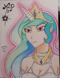 Size: 985x1269 | Tagged: artist:emichaca, breasts, cleavage, derpibooru import, female, horned humanization, human, humanized, princess celestia, safe, solo, traditional art