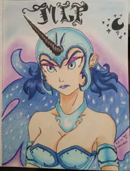 Size: 975x1283 | Tagged: artist:emichaca, breasts, cleavage, derpibooru import, ear piercing, earring, female, frown, horned humanization, human, humanized, jewelry, nightmare moon, piercing, safe, solo, traditional art