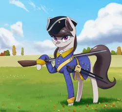 Size: 2111x1936 | Tagged: safe, artist:mrscroup, derpibooru import, octavia melody, earth pony, pony, bayonet, caroleans, clothes, female, gun, hat, looking at you, mare, musket, scenery, solo, swedish, sword, tricorne, uniform, weapon