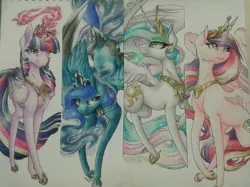 Size: 1844x1376 | Tagged: safe, artist:cloud-dash, derpibooru import, princess cadance, princess celestia, princess luna, twilight sparkle, twilight sparkle (alicorn), alicorn, pony, alicorn tetrarchy, crown, jewelry, magic, regalia, traditional art