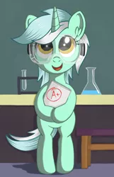 Size: 728x1133 | Tagged: safe, artist:negasun, derpibooru import, lyra heartstrings, pony, unicorn, celestial advice, bipedal, cute, female, filly, filly lyra, lyrabetes, open mouth, safety goggles, smiling, solo, younger
