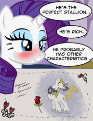 Size: 800x1036 | Tagged: safe, artist:badumsquish, derpibooru import, prince blueblood, rarity, pony, unicorn, animated, bender bending rodriguez, blushing, card, dialogue, flower, futurama, gif, gold digger, hat, heart, male, parody, peek behind the boutique, quote, rariblood, rose, scene parody, shallow, shipping, smiling, smirk, solo, straight, tail whip, top hat, unshorn fetlocks