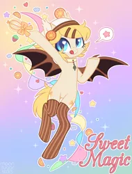 Size: 3808x5001 | Tagged: safe, artist:hawthornss, derpibooru import, oc, oc:sweet magic, unofficial characters only, bat pony, pony, absurd resolution, both cutie marks, choker, clothes, cute, featureless crotch, female, food, looking at you, mare, socks, solo, text, tongue out, underhoof, whisk