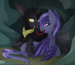 Size: 1707x1484 | Tagged: semi-grimdark, artist:pearlyiridescence, derpibooru import, oc, unofficial characters only, bat pony, changeling, pony, bandana, blood, cape, cave, changeling oc, cloak, clothes, cuddling, ear piercing, earring, fangs, female, hood, jewelry, leonine tail, long tail, long tongue, looking at each other, male, piercing, snuggling, tongue out, wings, yellow changeling