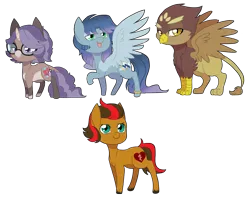 Size: 1180x941 | Tagged: safe, artist:curiouskeys, derpibooru import, oc, oc:curious keys, oc:dune beak, oc:valor force, oc:vertical lift, unofficial characters only, earth pony, gryphon, hinny, pegasus, pony, unicorn, chibi, cutie mark, gift art, updated