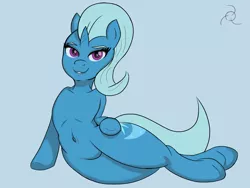 Size: 4000x3000 | Tagged: suggestive, artist:bajanic, derpibooru import, trixie, pony, unicorn, belly button, blue background, female, simple background, solo, solo female, sultry pose