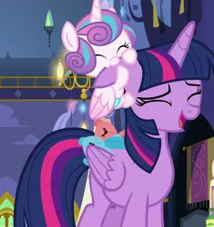 Size: 1017x1080 | Tagged: safe, derpibooru import, screencap, princess flurry heart, twilight sparkle, twilight sparkle (alicorn), alicorn, pony, a flurry of emotions, baby, baby pony, biting, cute, ear bite, flurrybetes, horses doing horse things, plushie, twilight is bae, twilight's castle