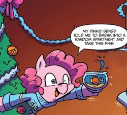 Size: 514x467 | Tagged: safe, artist:katiecandraw, derpibooru import, idw, pinkie pie, puddles (fish), fish, spoiler:comic, spoiler:comicholiday2015, christmas sweater, christmas tree, clothes, context is for the weak, fishbowl, hearth's warming eve, holiday, out of context, pinkie sense, present, sweater, tree