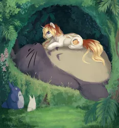 Size: 1977x2123 | Tagged: safe, artist:graypillow, derpibooru import, oc, pony, unicorn, crossover, lying on top of someone, my neighbor totoro, prone, sleeping, totoro