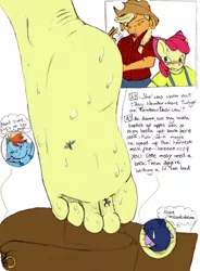 Size: 944x1280 | Tagged: anthro, apple bloom, applejack, artist:dylan, barefoot, boots, colored, color edit, derpibooru import, edit, feet, fetish, foot fetish, foot focus, giantess, macro, micro, plantigrade anthro, rainbow dash, soles, suggestive, sweat, tiny, toes, twilight sparkle, unaware