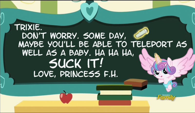 Size: 1375x797 | Tagged: safe, derpibooru import, edit, edited screencap, screencap, princess flurry heart, pony, a flurry of emotions, chalkboard, exploitable meme, flurry art, flurry heart's chalkboard, implied trixie, insult, meme, savage, shots fired