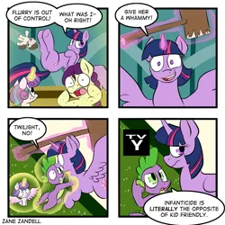 Size: 1125x1125 | Tagged: safe, artist:zanezandell, derpibooru import, boysenberry, princess flurry heart, spike, twilight sparkle, twilight sparkle (alicorn), alicorn, dragon, pony, a flurry of emotions, breaking the fourth wall, comic, force field, hammer, horsey hives, magic, magic bubble, mallet, plot, tv-y, worst aunt ever