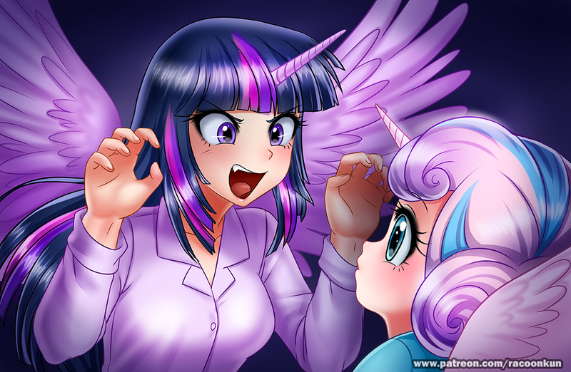 Size: 1073x700 | Tagged: a flurry of emotions, artist:racoonsan, auntie twilight, best aunt ever, clothes, cute, derpibooru import, duo, fangs, female, horned humanization, human, humanized, looking at each other, open mouth, pretending to be a bear, princess flurry heart, safe, scene interpretation, twilight sparkle, twilight sparkle (alicorn), winged humanization, wings