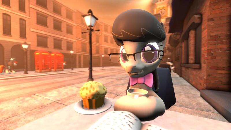 Size: 1280x720 | Tagged: safe, artist:dakota4644, artist:scientsit, derpibooru import, octavia melody, oc, oc:dakota, oc:film flick, oc:littlepip, pony, fallout equestria, 3d, big ben, city, coffee mug, cute, england, food, glasses, hoof hold, london, muffin, mug, poster, smiling, source filmmaker, street, streetlight, table