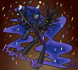 Size: 1050x950 | Tagged: safe, artist:its-gloomy, derpibooru import, nightmare moon, alicorn, pony, tumblr:ask queen moon, alcohol, bedroom eyes, blushing, confetti, drunk, drunk luna, floppy ears, flying, grin, happy new year, hat, holiday, looking at you, nicemare moon, one eye closed, party hat, smiling, solo, spread wings, wings, wink