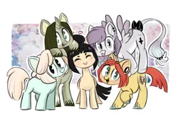 Size: 1280x912 | Tagged: safe, artist:kapusha-blr, derpibooru import, oc, unofficial characters only, earth pony, pegasus, pony, unicorn, bipedal, bipedal leaning, blank flank, curved horn, ear piercing, eyes closed, flying, group shot, happy, leaning, looking at you, open mouth, piercing, raised hoof, smiling, tongue out