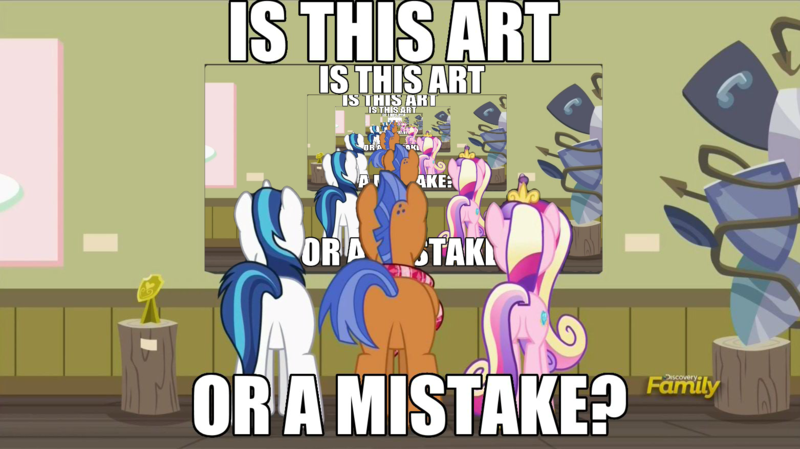 Size: 1563x878 | Tagged: safe, derpibooru import, edit, edited screencap, screencap, princess cadance, shining armor, spearhead, pony, a flurry of emotions, a thousand nights in a hallway, art gallery, art or a mistake, droste effect, exploitable meme, image macro, inception, infinity, meme, meta, recursion