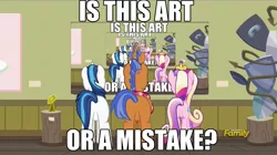 Size: 1563x878 | Tagged: safe, derpibooru import, edit, edited screencap, screencap, princess cadance, shining armor, spearhead, pony, a flurry of emotions, a thousand nights in a hallway, art gallery, art or a mistake, droste effect, exploitable meme, image macro, inception, infinity, meme, meta, recursion