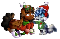 Size: 2000x1300 | Tagged: safe, artist:cotta, derpibooru import, oc, unofficial characters only, alicorn, dragon, pony, chocolate, christmas, clothes, food, glasses, hat, holiday, hot chocolate, santa hat, socks, sweater