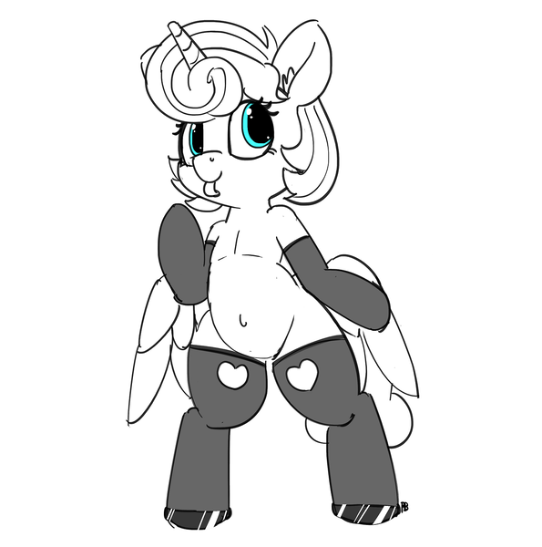 Size: 1280x1290 | Tagged: suggestive, artist:pabbley, derpibooru import, princess flurry heart, pony, belly button, bipedal, clothes, female, older, partial color, simple background, socks, solo, solo female, tongue out, white background