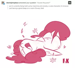 Size: 540x488 | Tagged: safe, artist:fluttershythekind, derpibooru import, pinkie pie, pony, ask, belly button, eyes closed, field, flower, monochrome, simple background, sleeping, solo, tumblr, white background, zzz