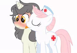 Size: 750x512 | Tagged: safe, artist:lion-grey, derpibooru import, nurse redheart, oc, oc:short fuse, pony, blushing, blushing profusely, canon x oc, female, licking, male, old cutie mark, simple background, tongue out, white background