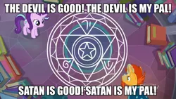 Size: 720x405 | Tagged: artist needed, source needed, safe, derpibooru import, edit, edited screencap, screencap, starlight glimmer, sunburst, pony, celestial advice, book, image macro, magic, magic circle, meme, satan, satanic ritual, summoning circle, the devil, the man they call ghost, true capitalist radio