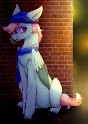 Size: 910x1281 | Tagged: safe, artist:anxiouslilnerd, derpibooru import, oc, unofficial characters only, pegasus, pony, bandaid, beanie, cigarette, clothes, cloven hooves, dta entry, hat, rebel, scar, scarf, shaded sketch, wall