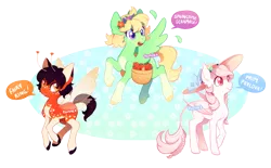 Size: 959x595 | Tagged: safe, artist:tsurime, derpibooru import, oc, oc:fairy ring, oc:prim pavlova, oc:springtime scramble, unofficial characters only, pony, basket, flower, hat, simple background, transparent background, trio