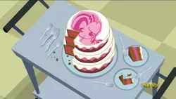 Size: 1382x777 | Tagged: safe, derpibooru import, edit, edited screencap, screencap, babs seed, pony, a flurry of emotions, apology cake, cake, discovery family logo, exploitable meme, food, fork, meme, plate