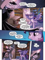 Size: 720x960 | Tagged: safe, artist:tonyfleecs, derpibooru import, idw, shadow lock, twilight sparkle, twilight sparkle (alicorn), alicorn, pony, unicorn, from the shadows, spoiler:comic, spoiler:comic53, book, cloak, clothes, comic, female, hood, library, male, mare, official comic, preview, speech bubble, stallion