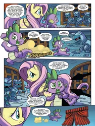 Size: 720x960 | Tagged: safe, artist:tonyfleecs, derpibooru import, idw, fluttershy, spike, dragon, pegasus, pony, unicorn, from the shadows, spoiler:comic, spoiler:comic53, armor, comic, female, knight, male, mare, official comic, plate armor, preview, spear, speech bubble, weapon