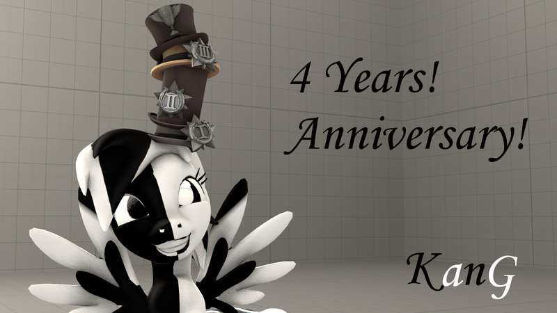 Size: 1920x1080 | Tagged: safe, artist:kmg0047, derpibooru import, oc, unofficial characters only, pony, 3d, anniversary, anniversary art, black and white, derp, grayscale, grin, hat, monochrome, smiling, solo, source filmmaker