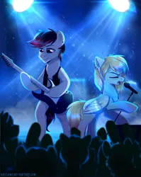 Size: 2001x2519 | Tagged: safe, artist:kaylemi, derpibooru import, oc, unofficial characters only, earth pony, pegasus, pony, audience, clothes, concert, guitar, microphone, silhouette, singing, vest