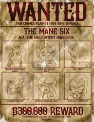 Size: 1000x1294 | Tagged: alternate universe, applejack, artist:scherzo, derpibooru import, fluttershy, idw, mane six, mirror universe, pinkamena diane pie, pinkie pie, rainbow dash, rarity, safe, wanted poster