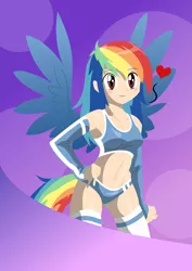 Size: 4961x7016 | Tagged: absurd resolution, anime, armpits, artist:danmakuman, artist:lorthiz, belly button, bikini, breasts, busty rainbow dash, cleavage, clothes, derpibooru import, female, heart, human, humanized, midriff, rainbow dash, solo, solo female, sports bra, stockings, suggestive, swimsuit, tailed humanization, thigh highs, underass, vector, winged humanization, wings