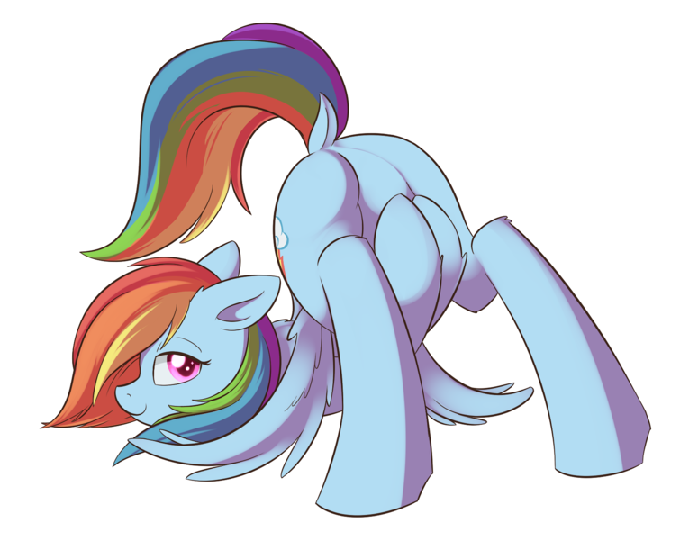 Size: 1726x1353 | Tagged: suggestive, artist:dusthiel, derpibooru import, rainbow dash, pegasus, pony, bedroom eyes, colored pupils, cute, dock, face down ass up, featureless crotch, female, iwtcird, looking back, mare, multicolored hair, plot, rainbutt dash, rear view, sexy, simple background, smiling, solo, solo female, teasing, transparent background