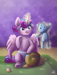 Size: 1000x1300 | Tagged: safe, artist:alina-sherl, derpibooru import, princess flurry heart, whammy, alicorn, pony, a flurry of emotions, baby, baby pony, diaper, foal, glowing horn, magic, plushie, smiling, solo, teddy bear, toy