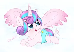 Size: 1270x900 | Tagged: safe, artist:joakaha, derpibooru import, princess flurry heart, alicorn, pony, baby, baby pony, cute, diaper, flurrybetes, flying, laughing, looking back, smiling, solo, spread wings, wings